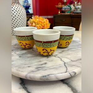 3 Japanese style SAKE TEA CUPS Made in China for Pier 1 /yellow/green/red